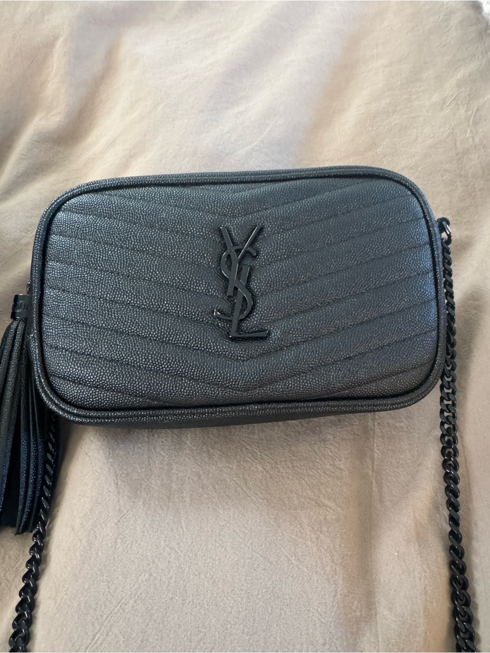Saint Laurent Black Quilted Leather Crossbody Camera Bag with Tassel Chain